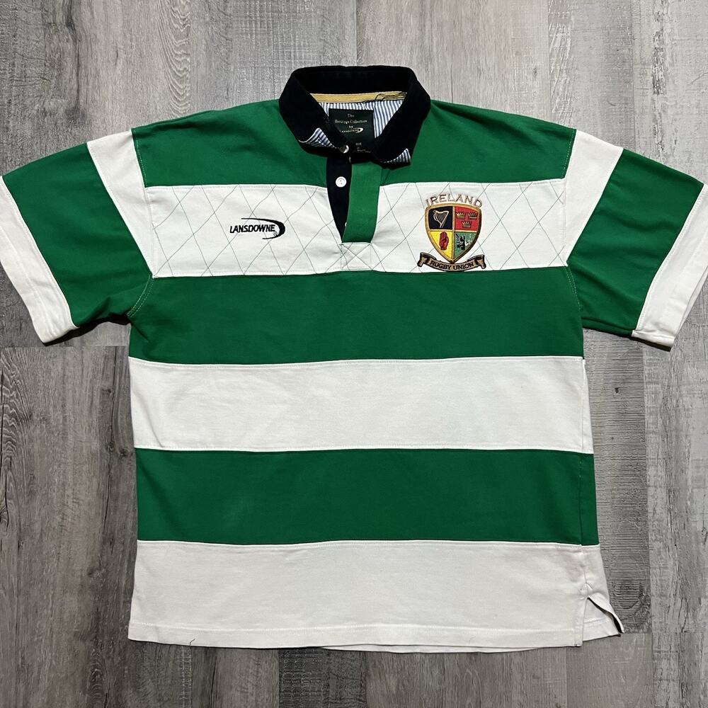 Landsdowne Ireland Heavy Striped Rugby Polo Shirt SS Green/White Crest Logo Sz L